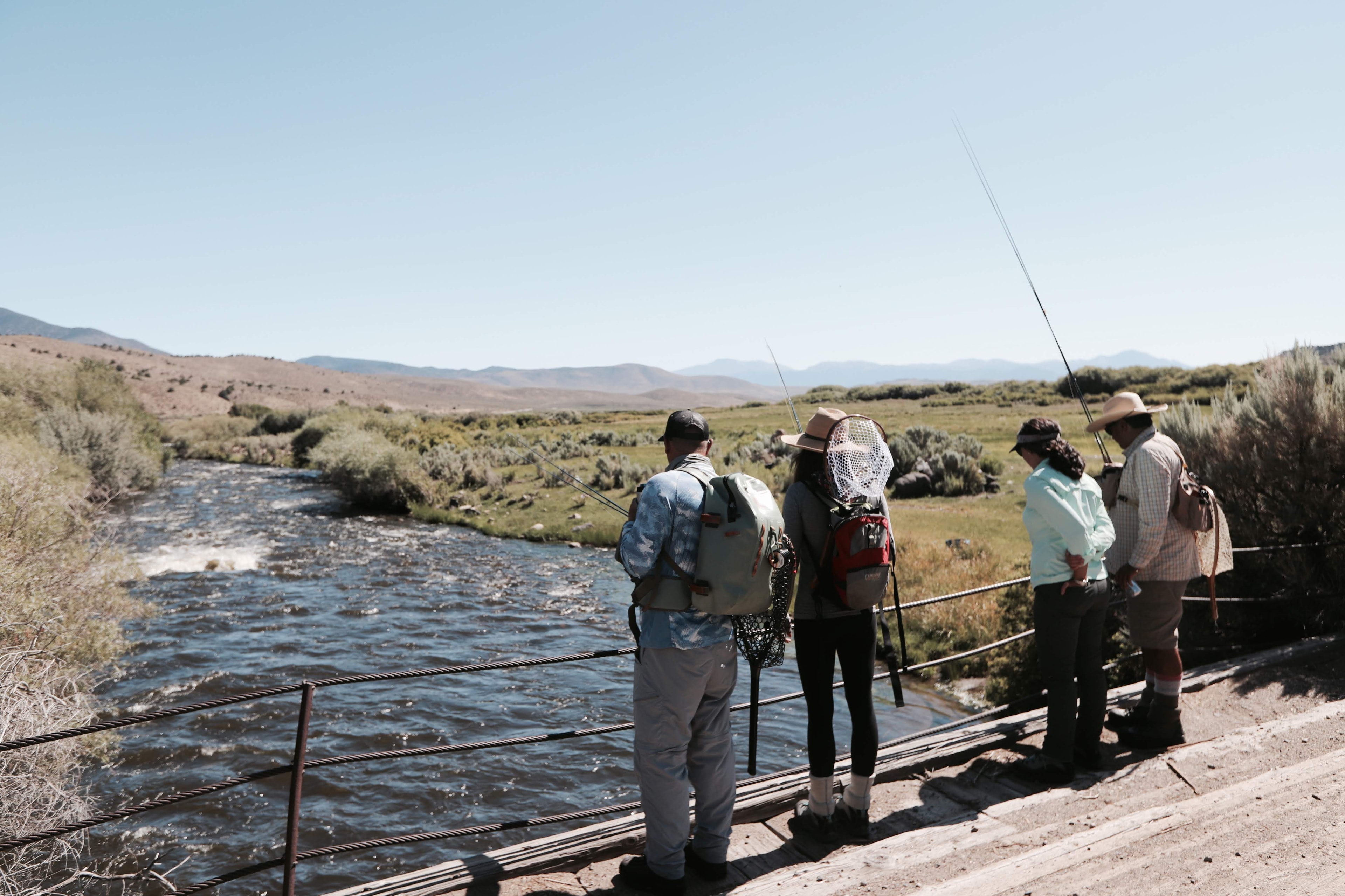 Group of anglers and guides standing on a bridge, rods up, scanning downstream for fish with the Wassuk Range stretching behind them